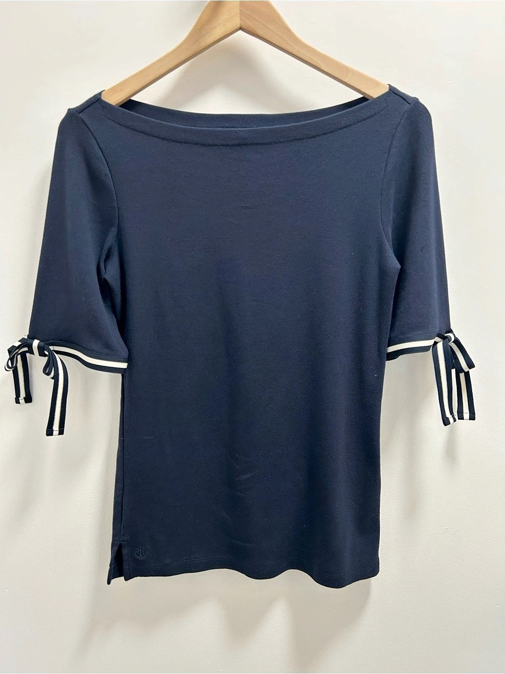 Lauren Ralph Lauren Stretch Cotton Boatneck Tie-Sleeve Top Blue Medium